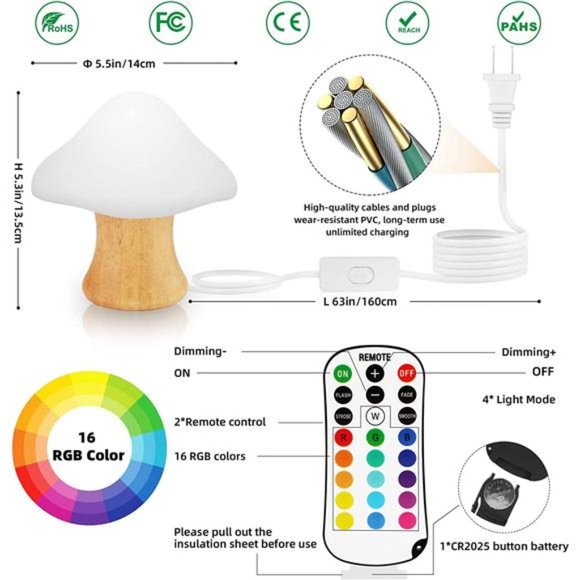Light up Your Room Wooden Mushroom Lamp -16 Color Changing & Dimmable Mushroom - Picture 6 of 6